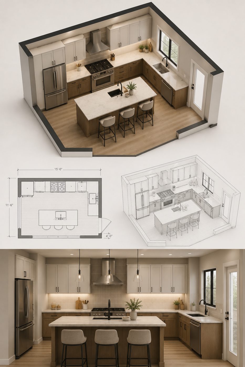 3D bathroom design with cutaway view, floor plan and photorealistic render