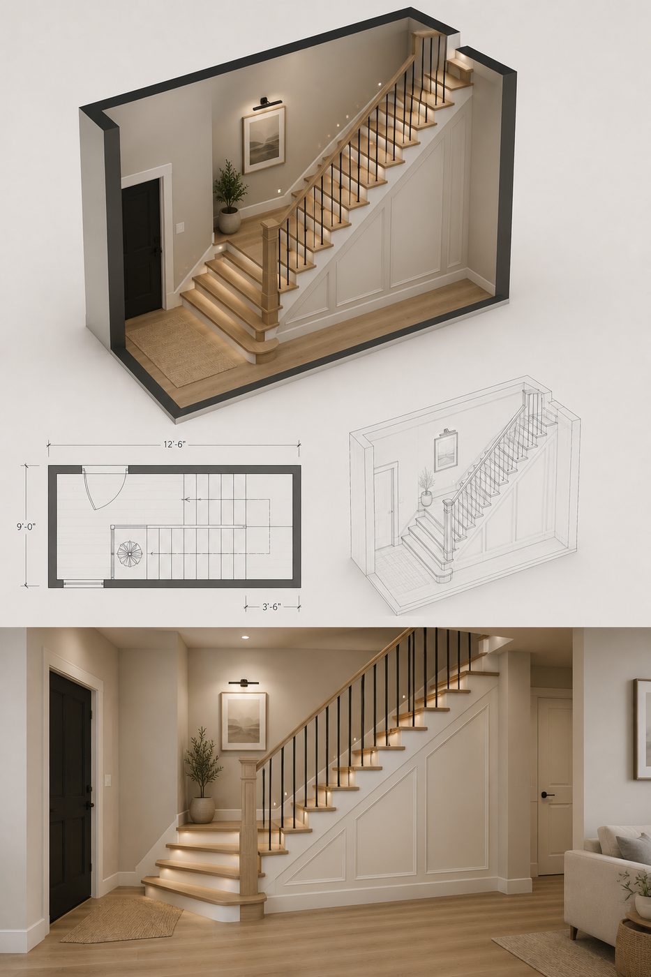 3D bathroom design with cutaway view, floor plan and photorealistic render