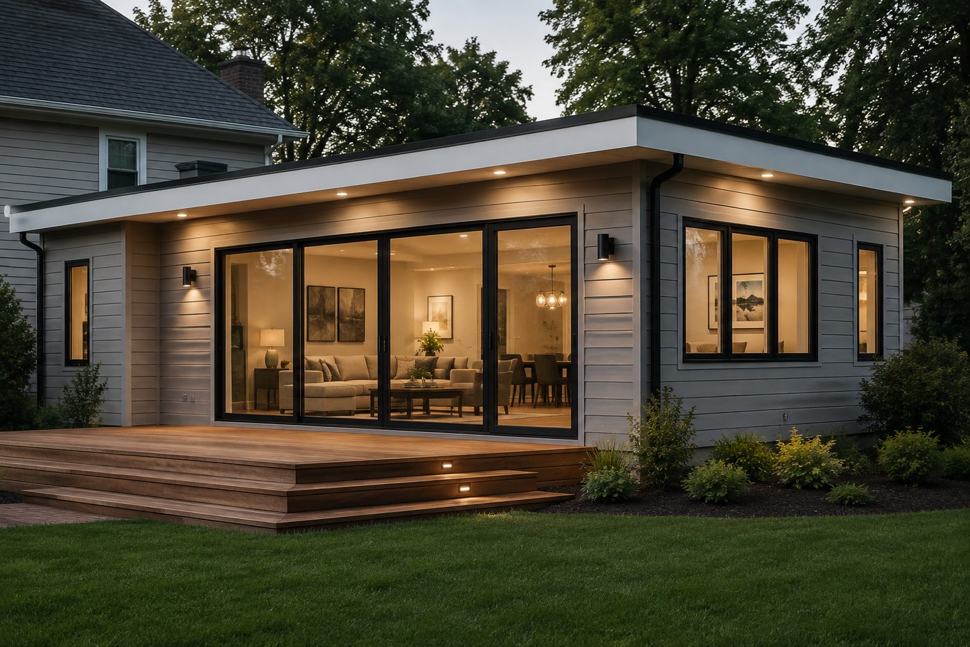 Modern home addition with deck and glass sliding doors at dusk