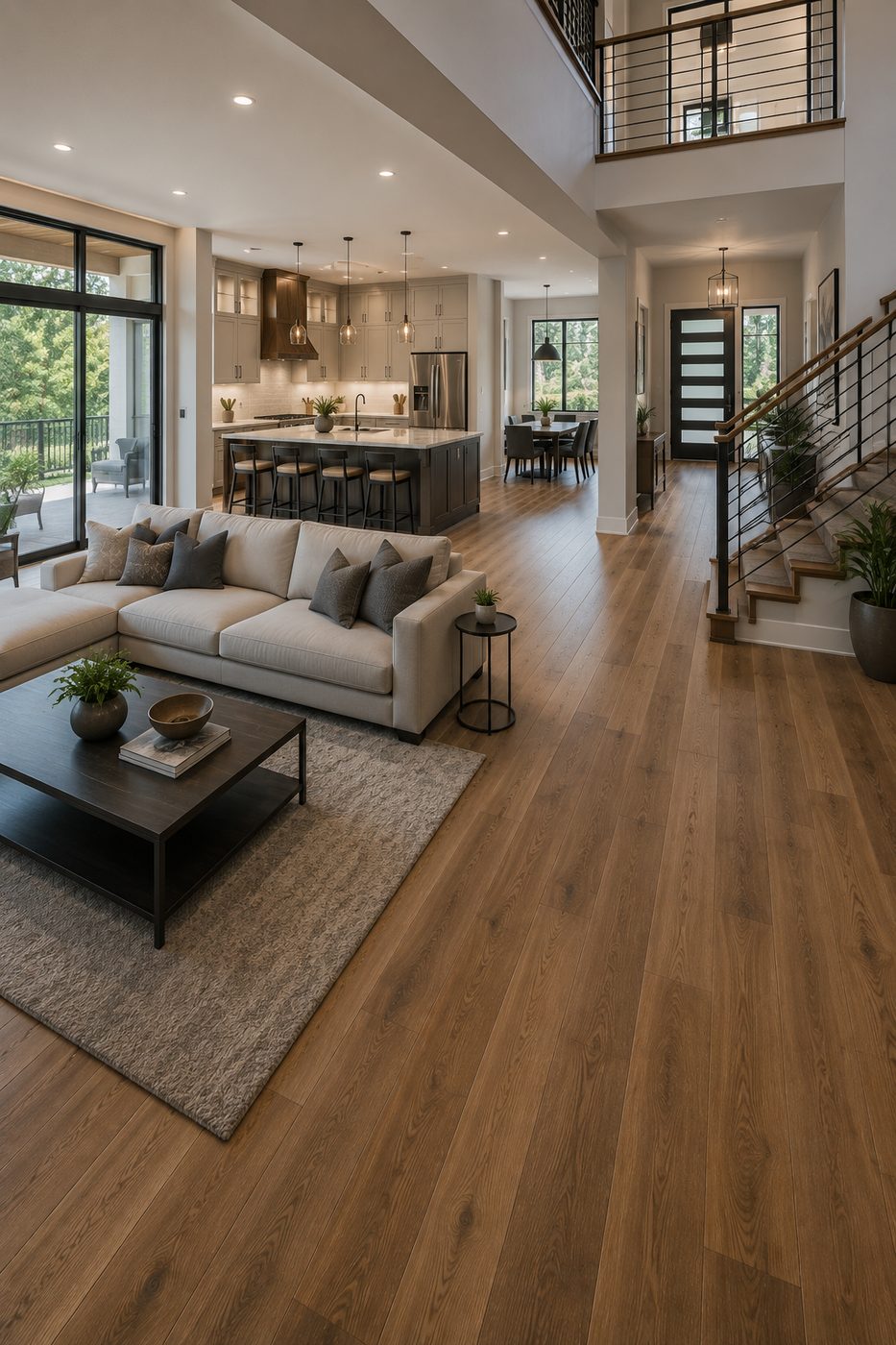Whole home renovation with open-plan living room, kitchen and staircase on wide hardwood floors — Lake Forest
