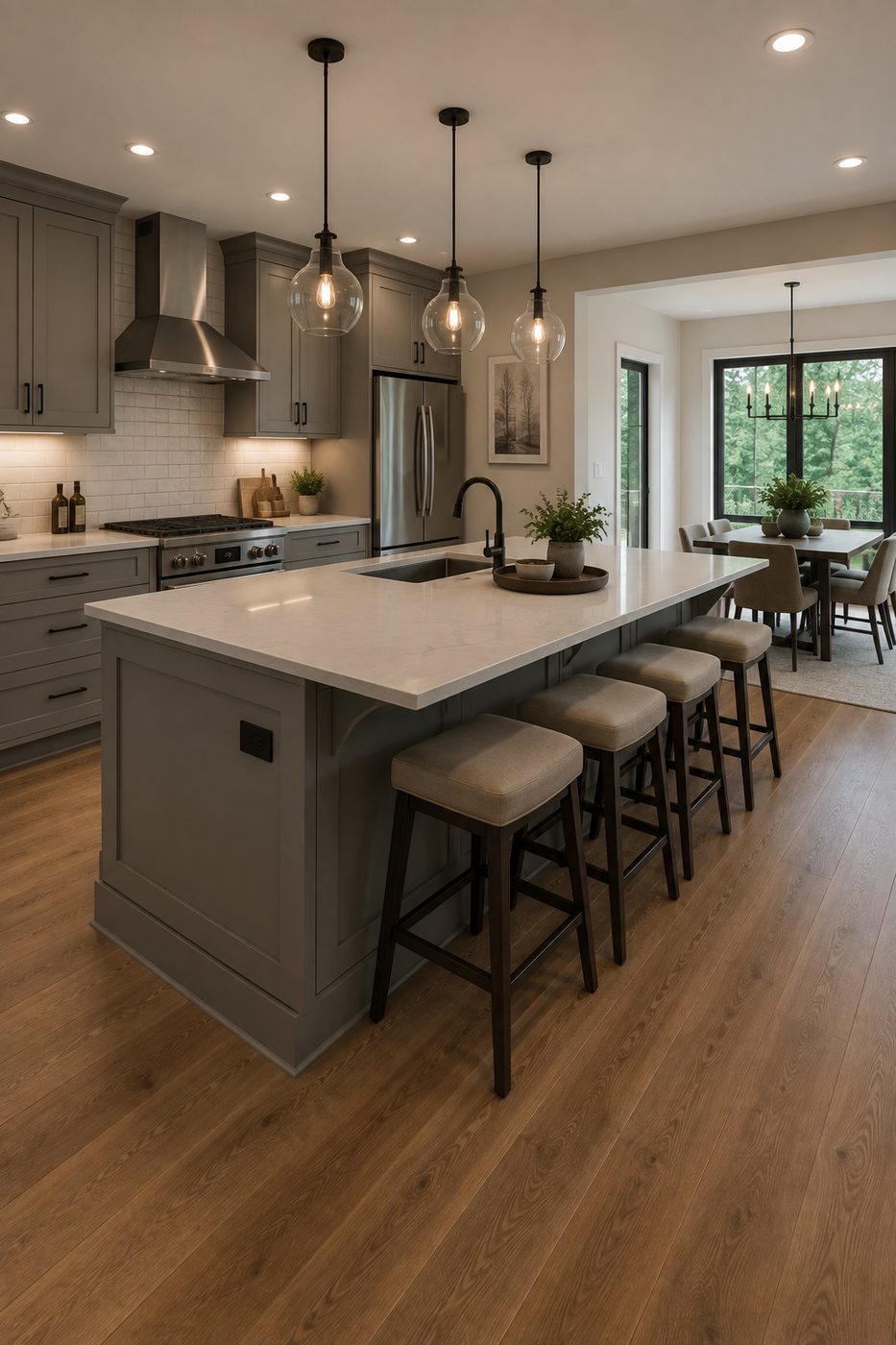 Remodeled kitchen with gray cabinets, quartz island and bar stools — Bellevue