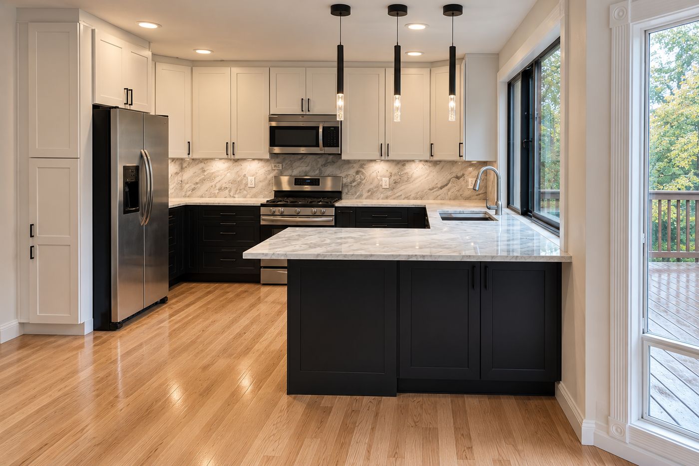 White Upper Cabinets And Charcoal Lower Cabinets Kitchen Remodel by Pro Floors and Walls project photo